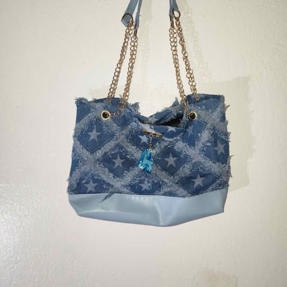 Star Pattern Denim Small Bag with Chain Straps
